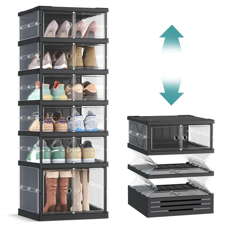 ✅ 3-Layer Transparent Storage Organizer, 6-Cube Foldable Stackable Shoe Rack, Portable Closet Storage Cabinet for Home, Bedroom & Small Spaces