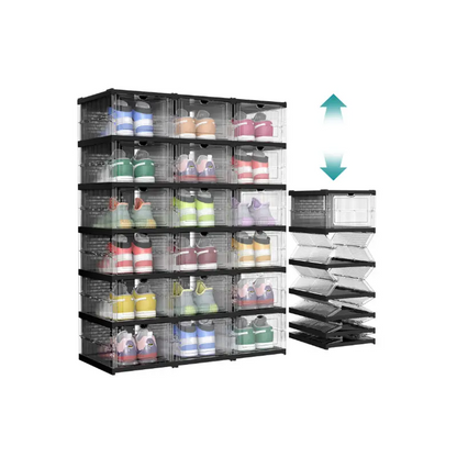 ✅ 3-Layer Transparent Storage Organizer, 6-Cube Foldable Stackable Shoe Rack, Portable Closet Storage Cabinet for Home, Bedroom & Small Spaces