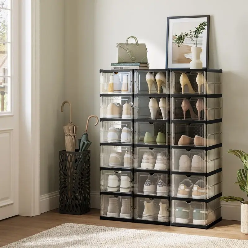 ✅ 3-Layer Transparent Storage Organizer, 6-Cube Foldable Stackable Shoe Rack, Portable Closet Storage Cabinet for Home, Bedroom & Small Spaces
