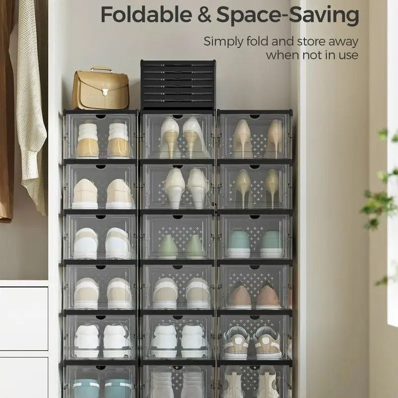 ✅ 3-Layer Transparent Storage Organizer, 6-Cube Foldable Stackable Shoe Rack, Portable Closet Storage Cabinet for Home, Bedroom & Small Spaces